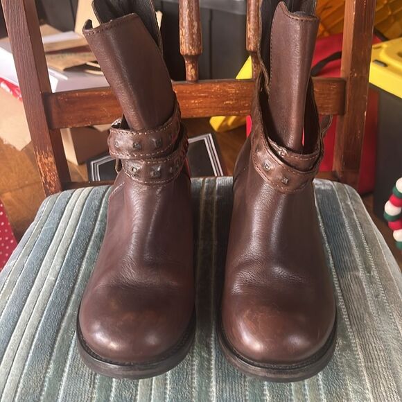 DIESEL ROXY ROLL SASHAN LEATHER BOOTS W STRAPS, DARK BROWN, AUTHENTIC - Picture 2 of 6